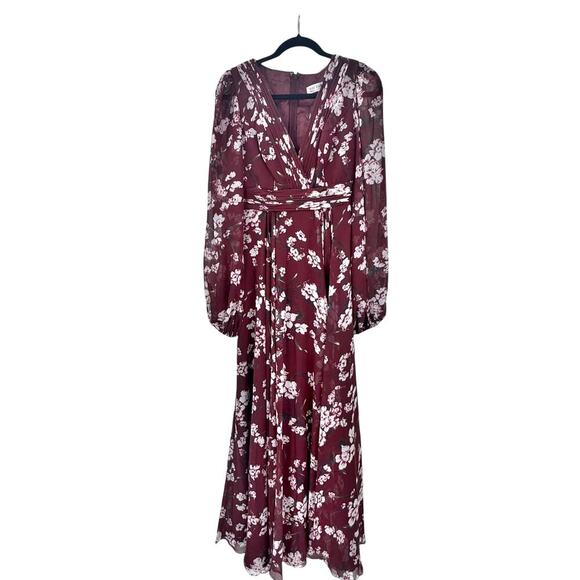 Mac Duggal Floral Chiffon Bishop Sleeves Gown Dress Burgundy Size 0 NWT - Picture 11 of 13